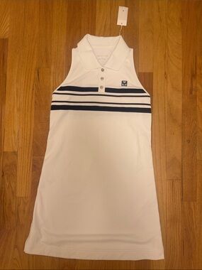 Tory Burch White Sleeveless Sports Polo Dress with Navy Stripes